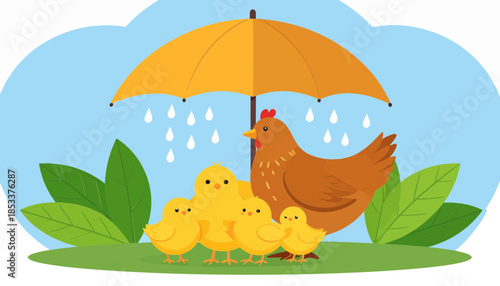 Mother hen protecting chicks from rain under umbrella.