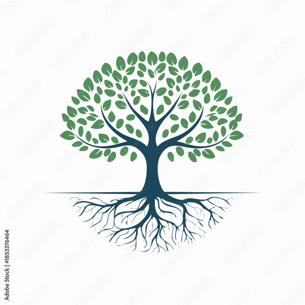 Fototapeta premium Green tree with sprawling roots, symbolizing growth, life, and stability