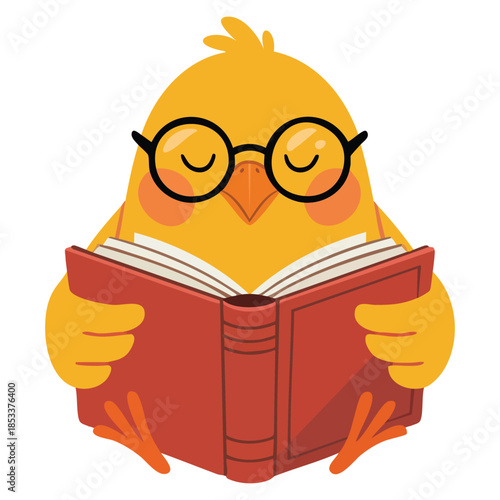 Cute baby chicken in glasses sitting on floor reading a book funny cartoon bird character vector illustration on white background perfect for kids story education