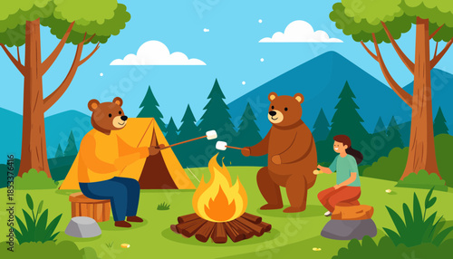 Bears having a picnic in the forest with a campfire.