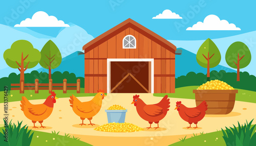Cartoon chickens feeding outside a barn on a farm.