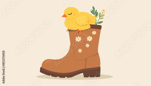 A yellow chick sitting in a brown boot with flowers.