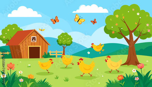 Serene farm landscape with chickens and butterflies.