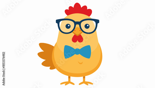 A cartoon chicken wearing glasses and a bow tie, looking smart and stylish.