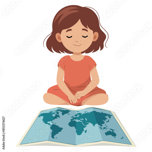 Cute girl having geography lesson elementary school student viewing world map vector illustration ideal for kids education concept learning projects