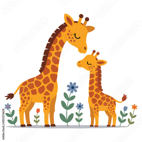 Cute giraffe family vector illustration with mom and baby camelopard perfect for cartoon wildlife themed educational and animal artwork projects