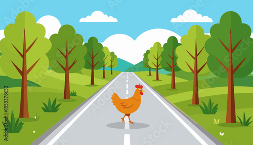 Cartoon chicken crossing a rural road. Flat vector illustration of a fowl on an empty highway surrounded by green trees and hills.