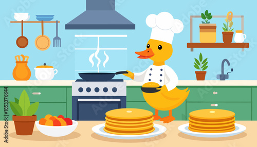 Cartoon Duck Chef Cooking Pancakes in a Bright Kitchen, Breakfast Food Preparation Illustration