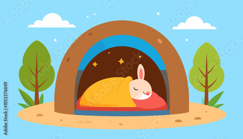 Cute cartoon rabbit sleeping soundly in a cozy burrow under a blanket with stars, peaceful animal den illustration.