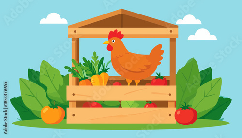 Farm fresh organic produce stand with happy chicken and colorful vegetables in wooden crate. Flat illustration.