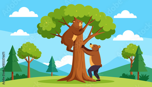 Playful cartoon bears climbing a big tree in a bright forest landscape illustration