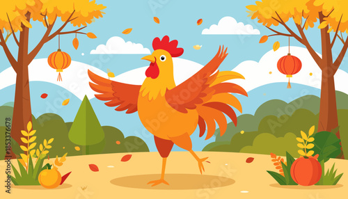 Cheerful Cartoon Rooster Dancing in Autumn Landscape with Red Lanterns, Harvest Festival Illustration