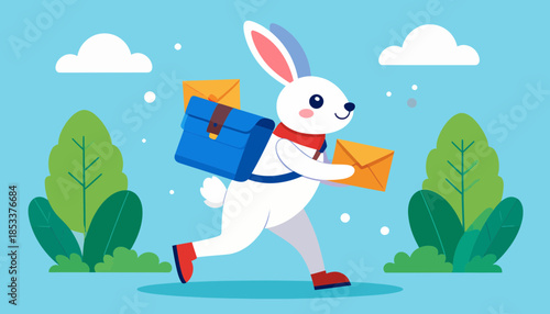 Cute Cartoon Rabbit Delivering Mail. Adorable Bunny Postman Running with Letters and Satchel in Flat Design Vector Illustration.