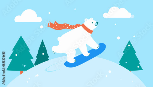 Cartoon polar bear snowboarding down a snowy hill with trees.