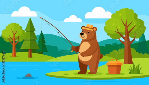 Happy cartoon bear fishing by a river in a green natural landscape. Flat vector illustration of an animal enjoying outdoor recreation.