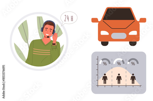 Male customer support with headset, orange car icon, and demographic data chart. Ideal for transportation, customer support, analytics, user behavior, 247 service, business solutions simple flat