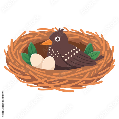 Cute little bird as forest habitant sitting in nest vector illustration perfect for wildlife nature themed background texture or decorative designs