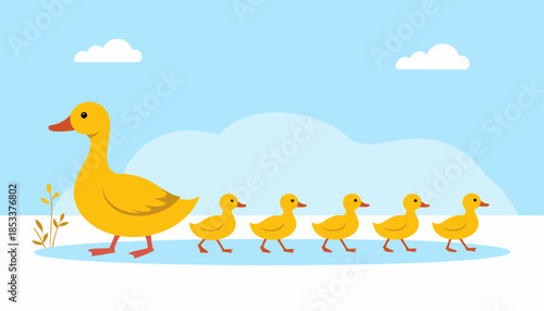 Cartoon mother duck leading five ducklings, family concept, flat vector art with blue sky and clouds