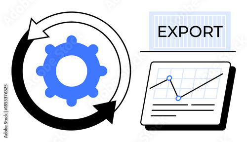 Gear with looping arrows, export sign, and data analytics chart with rising graph. Ideal for business, trade, logistics, growth strategy, supply chain, automation data analysis simple flat metaphor