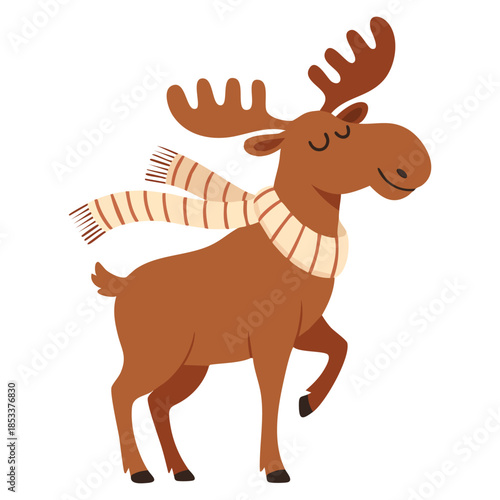 Cute moose as arctic animal with horns wearing scarf vector illustration ideal for wildlife cartoon character winter or arctic themed design and decoration