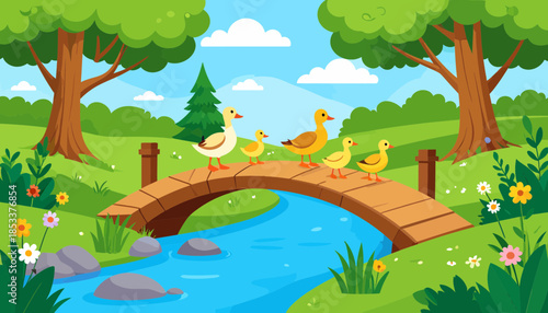 Cute cartoon duck family walking over a wooden bridge in a beautiful green nature park illustration