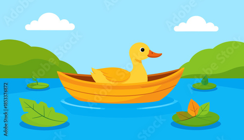 Cute Cartoon Yellow Duck in a Wooden Boat on a Pond with Green Hills and Clouds, Flat Vector Nature Scene Illustration