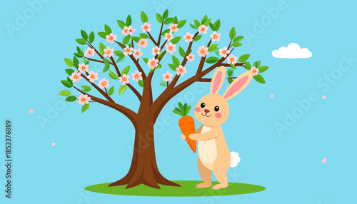 Smiling cartoon rabbit holding carrot under a blossoming spring tree, flat vector illustration