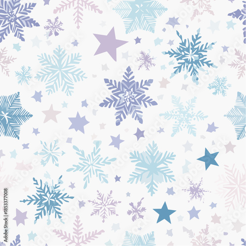 Seamless Winter Holiday Pattern with Decorative Snowflakes and Stars in Cool Blue and Purple Tones