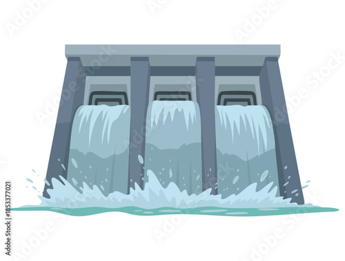 Dam reservoir water dripping down in lake vector illustration ideal for hydroelectric water resource management environment and natural landscape themed designs