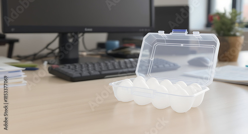 Open plastic egg carton on a wooden desk in an office environment.