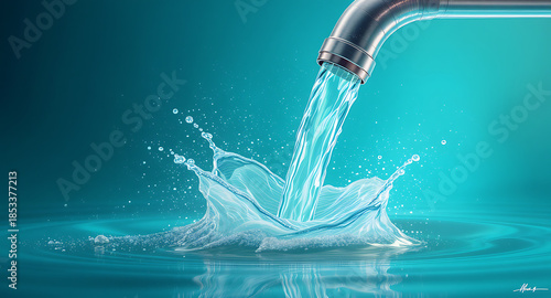 Water splashing from a faucet into a pool of water.