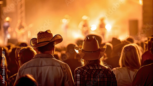 Country music crowd with cowboy hats concept. Crowd enjoying a live country music concert at sunset.
