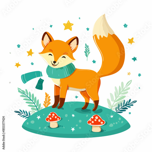 Cute Cartoon Fox Wearing a Scarf in a Magical Forest with Mushrooms and Stars