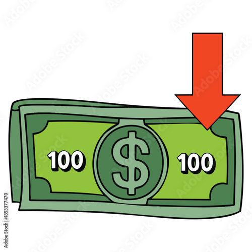 Dollar deflation symbol hand drawn vector doodle illustration of hundred dollar paper bill with red arrow pointing down isolated on white background