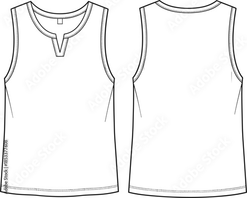 Fashion vector technical drawing illustration of a women's basic sleeveless tank top featuring a V-split placket neckline and ribbed trim details.