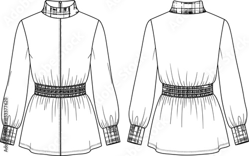 Fashion vector technical drawing illustration of a women's blouse with balloon sleeves, a stand collar, and an embroidered wide cummerbund-style waist panel.