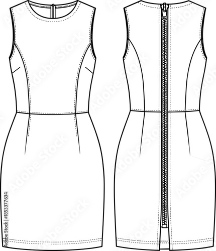 Fashion vector technical drawing illustration of a women's fitted sleeveless shift dress with princess seams and an exposed heavy-duty back zipper.Fashion vector
