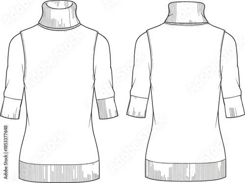 Fashion vector technical drawing illustration of a women's fitted turtleneck sweater with elbow-length sleeves and wide ribbed cuffs and hem.