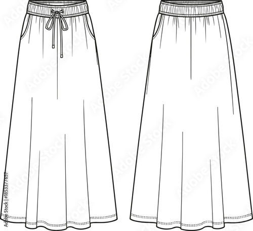 Fashion vector technical drawing illustration of a women's maxi length A-line skirt with an elasticated drawstring waist and slanted side pockets.