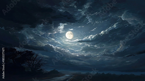 Epic spooky night with full moon misty sky concept. Mystical night sky with full moon illuminating clouded landscape.