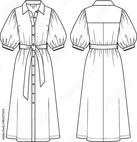 Fashion vector technical drawing illustration of a women's midi shirt dress featuring a classic collar, puff sleeves, and a self-tie waist belt.