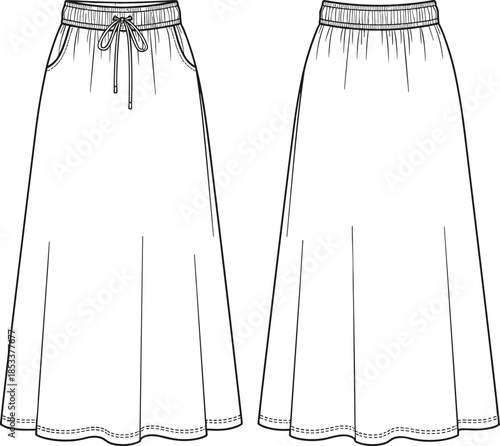 Fashion vector technical drawing illustration of a women's maxi length flowing A-line skirt with an elasticated waistband, drawstring closure, and side pockets.