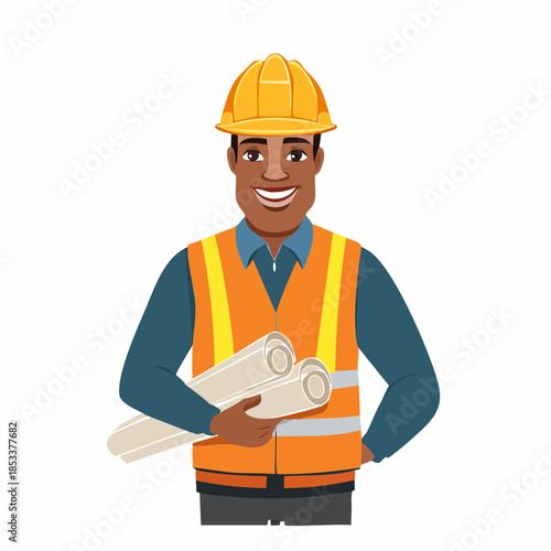 Smiling male construction worker in hard hat and safety vest holding blueprints
