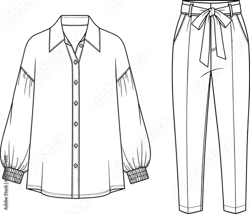 Fashion vector technical drawing illustration of a women's outfit featuring a voluminous sleeve blouse and paper bag waist trousers with a self-tie belt.