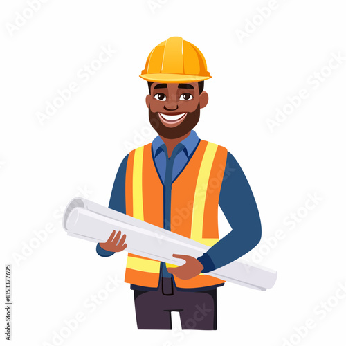 Smiling Black male engineer in safety gear holding building plans, representing construction industry