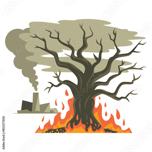 Ecological disaster vector illustration with dead trees and toxic waste dump perfect for environmental awareness pollution and sustainability themed designs