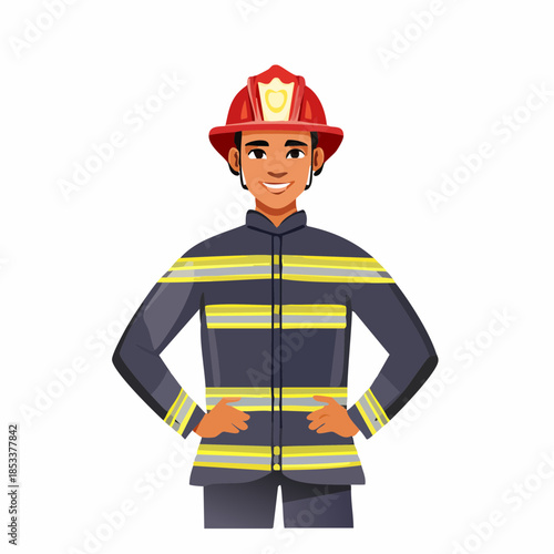 Brave and dedicated firefighter character illustration in protective gear, symbolizing heroism, safety, and community service