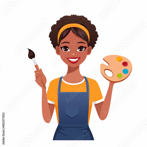 Illustration of a woman artist with a palette and brush, ready to create