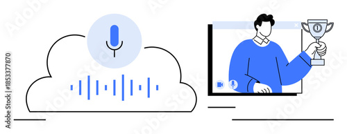 Cloud-based microphone with soundwave graphic and video screen showing person holding a trophy. Ideal for technology, voice AI, online presentations, achievements, digital awards, productivity