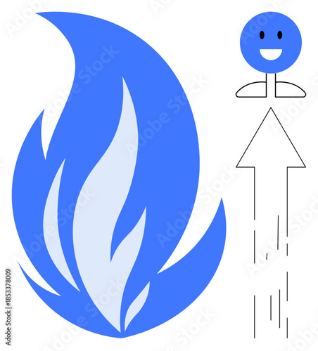 Energy, motivation, personal growth, success, optimism, achievement. Bold blue flame with a smiling face next to an upward arrow. Energy and motivation concept to ambition